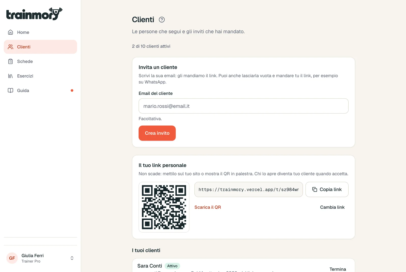 La pagina Clienti: invito via email, link personale con QR e l’elenco dei clienti