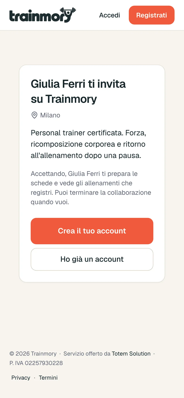 L’invito di Trainmory aperto sul telefono del cliente