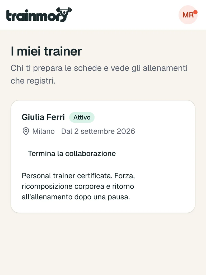 La pagina I miei trainer sul telefono del cliente
